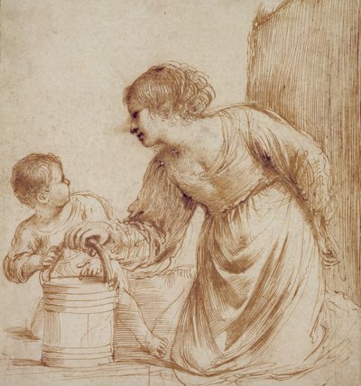 Mother and Child with Pail by Giovanni Francesco Barbieri